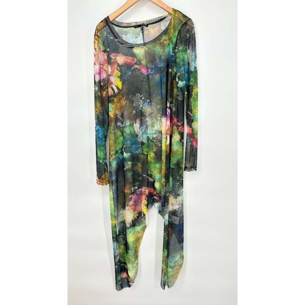 Kozan Long Asymmetric Mesh Top Dress Tunic Lagenlook Size Medium Abstract Artsy